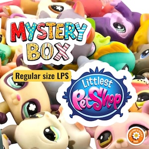 May include: A collection of colorful Littlest Pet Shop toys, with a "Mystery Box" label. The image includes a "Regular size LPS" label and a "Littlest Pet Shop" logo. The toys are various colors and designs.