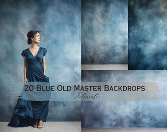 May include: A woman in a blue dress stands in front of a blue textured backdrop. The text "20 BLUE OLD MASTER BACKDROPS" is written in white on the backdrop.