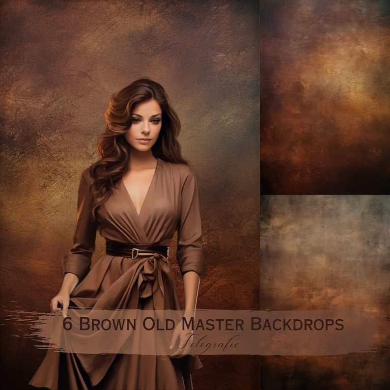 May include: Six brown textured backgrounds with a woman wearing a brown dress and a belt in the center of the image. The text "6 BROWN OLD MASTER BACKDROPS" is at the bottom of the image.