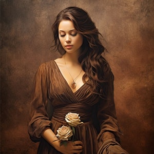 May include: A woman in a brown dress holds a bouquet of two white roses. She is wearing a silver necklace with a pendant. The background is a textured brown wall.