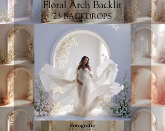 May include: A collection of 23 digital photography backdrops featuring a white arched doorway adorned with various floral arrangements. The central image displays a person in a flowing white gown standing within the floral archway.
