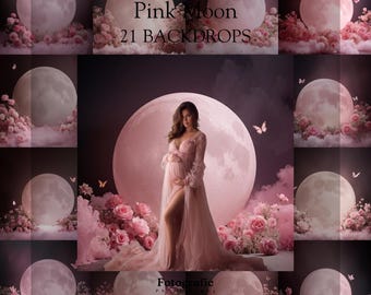 May include: A collection of 21 digital backdrops featuring a large pink moon, clusters of pink roses, and flying butterflies. The central image displays a person in a long, flowing pink gown standing before a large pink moon and roses.