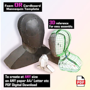 Op de afbeelding: Een schuim- of kartonnen mannequin sjabloon met de tekst "Foam OR Cardboard Mannequin Template". De afbeelding toont een 3D-referentie voor eenvoudige montage. De tekst "To create at ANY size on ANY paper A4/ Letter etc PDF Digital Download" is ook zichtbaar.
