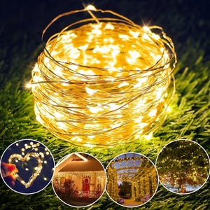 May include: A coiled strand of thin copper wire featuring numerous small, warm white LED lights. The main image shows the lights bundled together, while four circular insets display the wire shaped into a heart, draped on a house, wrapped around a pergola, and illuminating a tree.