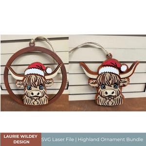 Pacchetto SVG di ornamenti di mucca delle Highlands: file tagliato al laser (5,75 x 5 pollici)