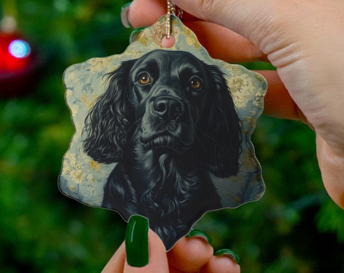 Ceramic Ornament, Snowflake Shapes, Black Springer Spaniel Dog Face, Dog Mom, Dog Dad, Dog Lover, Baby Dog, Springer Spaniel, Christmas