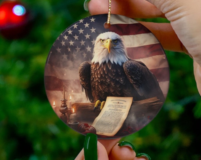 Ceramic Ornament, Eagle and American Flag, Circle Shapes, USA, Military Gift, Military Wife Gift, Veterans Day, Christmas Gift,