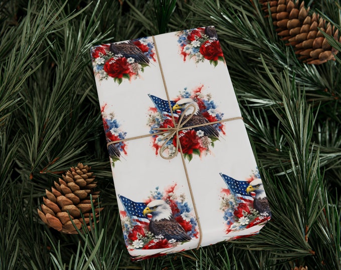 Wrapping Papers, Eagle and American Flag, Red White & Blue Flowers, Veteran Gift, Military Graduation, Military Gift, Love America,