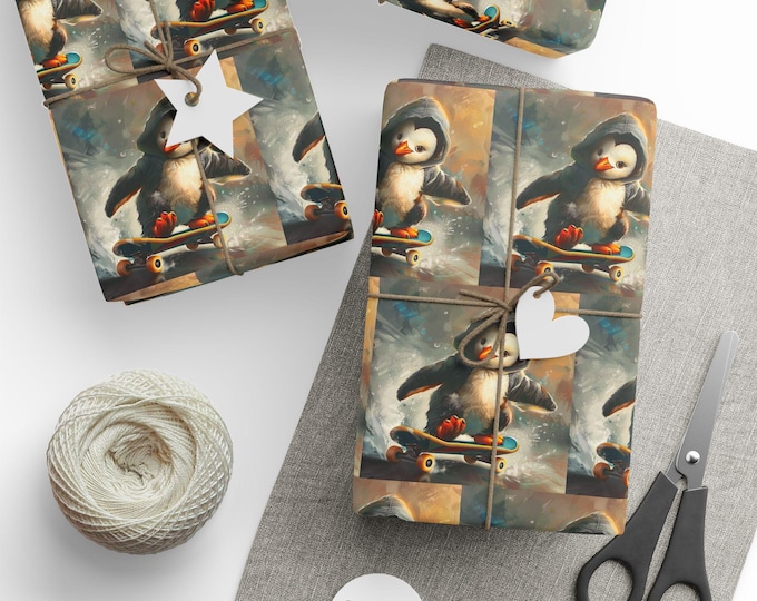 Penguin Wrapping Papers, Gift Wrap, Birthday, Boy, Niece, Girl, Nephew, Sister, Brother, Skater, Skateboard, Daughter, Son, Friend, Kids