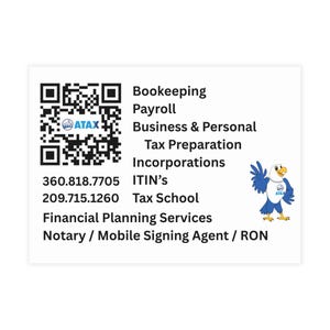 Paquete de postales comerciales Atax: tarjetas de marketing personalizadas para servicios tributarios, redes profesionales, promociones empresariales y material de oficina.