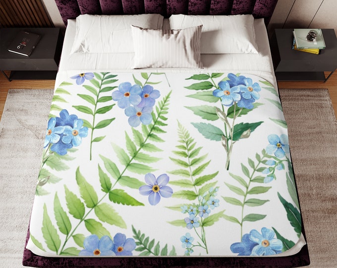 Sherpa Fleece Blanket, Ferns and Forget Me Nots, Blanket Gift, Gift for Grandma, Gift for Aunt, Gift for Aunt, Mom Gift, Housewarming Gift,