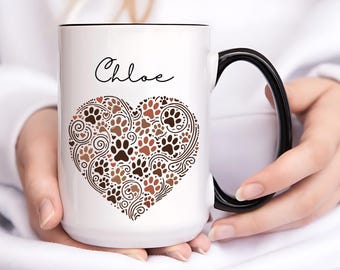 Personalized Paw Print Heart Mug: Custom Pet Name Coffee Cup