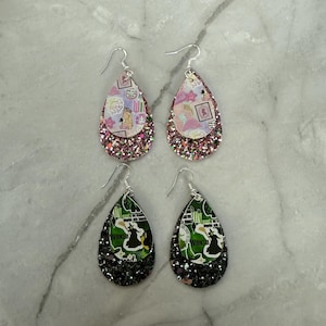 Pink Goes Good With Green Earrings, Elphaba Wicked Drop Earrings, Glinda Wicked Drop Earrings