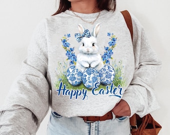 Happy Easter PNG, Grand Millennial Easter Png, Blue Easter Bunny Ears Png, Blue Toile Easter Rabbit Png, Girls, Easter Coquette Png