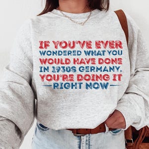 May include: Grey sweatshirt with a red, white and blue graphic print that reads "If you've ever wondered what you would have done in 1930s Germany. You're doing it - right now - "
