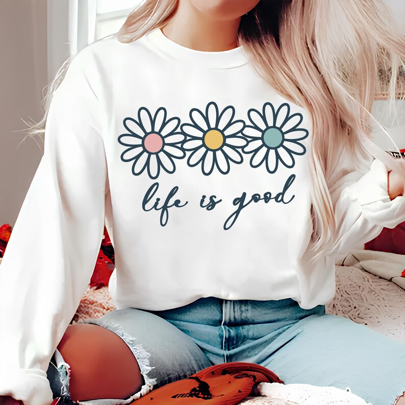 Livet är bra PNG SVG, Preppy prästkrage Digital Design Söt positivitet, inspirerande, sommar T-shirtdesign, trendig digital, blomma digital fil bild 3