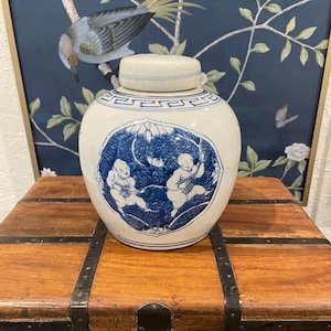 Chinese Chinoiserie 7 Inch Blue White Ginger Jar Oriental Double Kids Design