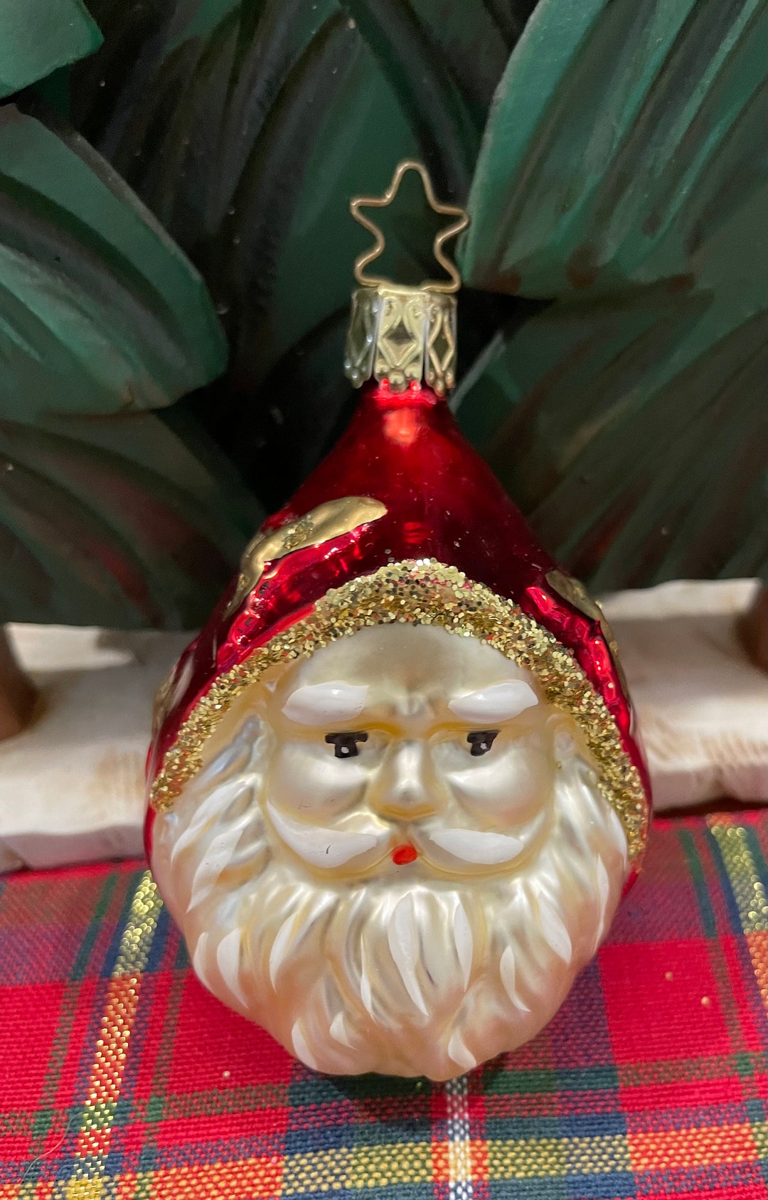 Vintage Old World Christmas Merck Family Glittered Santa Ornament Etsy