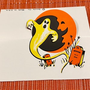1960s Ghost Tombstone Man in Moon Vintage Beistle Halloween Place Card