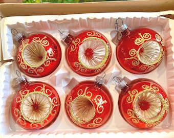 Vintage 6 Glass BRIGHT Christmas Imperial Collection Sears Red w/Gold Glitter Ornaments Rounds Deep Indent w/ Original Box Plastic Caps READ