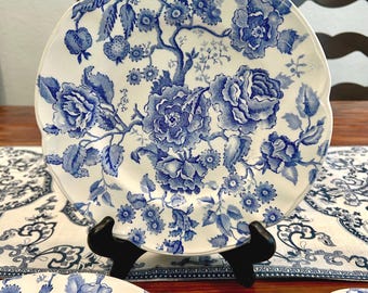 Vintage 10" Dinner Scallop Plate English Chippendale Johnson Bros made in England Roses Blue & White Three Available Price is For One READ