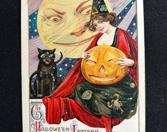EXC Halloween Invitation Antique Unused Postcard Bats Full Moon  display picture 1