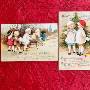Vintage Christmas Antique Signed Clapsaddle Postcards Children In Sunday Finest Headed to Church; Little Boy to Hand Little Girl Card