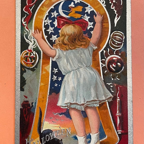 Rare Vintage Halloween Nash No. 3 Series Embossed Antique Postcard, Little Girl Looks Through Keyhole at Witch Black Cat JOL Silver Border