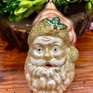 Very Good Condition Two-Sided Vintage Old World Mercury German Inge-Glas Christmas Gold Glittered Pink Hat Santa w/Box