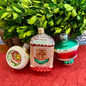 Three Vintage Ornaments Old World Christmas Vintage Glittered Glass Gingerbread Christmas House, Shiny Brite UFO, Poland Indent Ornament