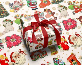 Retro Christmas Toys Wrapping Paper White: Vintage Holiday Nostalgia