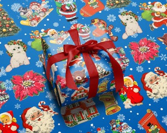 Retro Christmas Toys Wrapping Paper Blue: Vintage Holiday Nostalgia