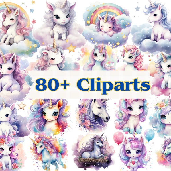 Más de 80 imágenes prediseñadas de unicornio en acuarela, uso comercial, imágenes prediseñadas de unicornio Kawaii lindo en acuarela, archivos png svg, scrapbooking, fabricación de tarjetas