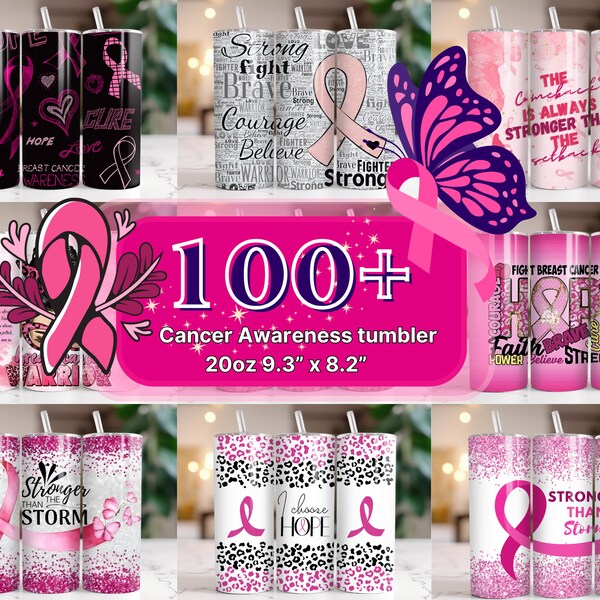 100+ Brustkrebs-Bewusstsein-Becher Wrap Bundle 20 Unzen Skinny Tumbler Sublimation PNG-Band-Bewusstsein-Krebs-Bewusstsein Glitzer-Rosa-Becher