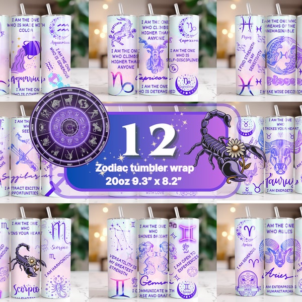 12 Zodiac Signs Tumbler Wrap Bundle, Zodiac Sign Affirmation 20oz Skinny Tumbler, Rainbow Star Sign Galaxy, Zodiac Sublimation Designs PNG