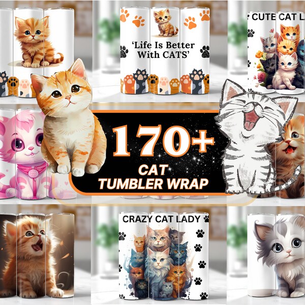 170 + süßes Katzenbecher-Wrap-Bundle, Katzenbecher, Traum des Katzenliebhabers, 20 Unzen dünne Tumbler Wraps mit Sublimationsdesigns, niedlicher Katzenbecher PNG