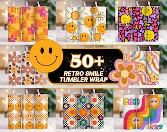 50+ Retro Tumbler Wrap Bundle, Retro Daisy Smile face, 20oz Skinny Sublimation, Retro Tumbler, Retro PNG, Retro Smiley Tumbler, Smiley Face