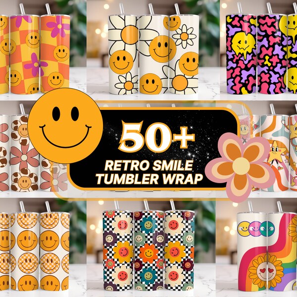 50+ Retro Tumbler Wrap Bundle, Retro Daisy Smile face, 20oz Skinny Sublimation, Retro Tumbler, Retro PNG, Retro Smiley Tumbler, Smiley Face