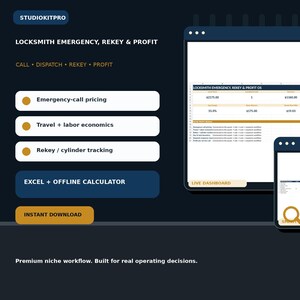 May include: A digital spreadsheet interface titled LOCKSMITH EMERGENCY, REKEY & PROFIT with sections for emergency-call pricing, travel and labor economics, and rekey cylinder tracking. Includes a live dashboard, smart calculator, and instant download button.