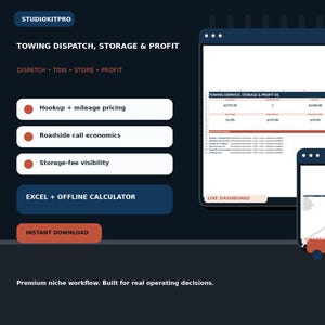 Towing Business Kit, Tow Pricing Calculator, Dispatch Tracker, Roadside Calls, Storage Log, Fleet Cost & Job Profit Excel Spreadsheet
