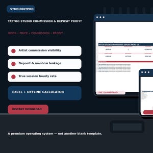 Peut inclure: Une interface numérique pour un calculateur de commission et de profit de dépôt de studio de tatouage. L'affichage présente le texte STUDIOKITPRO, TATTOO STUDIO COMMISSION & DEPOSIT PROFIT, et EXCEL + OFFLINE CALCULATOR, avec un tableau de bord.