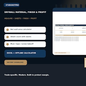 Peut inclure: Un outil de feuille de calcul numérique intitulé Drywall Material, Finish & Profit avec un tableau de bord en direct, un calculateur de surface nette, un comptage de feuilles avec perte, et des fonctions de métré pour enduit, ruban et vis.