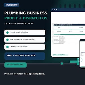 Plumbing Business Kit, Service Call Tracker, Quote Calculator, Dispatch Planner, Job Profit, Parts & Callback Excel Spreadsheet