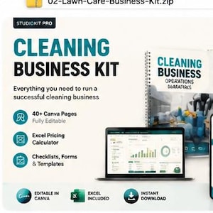 Peut inclure: Un kit numérique pour entreprise de nettoyage comprenant un manuel à spirales intitulé Cleaning Business Operations, un ordinateur portable affichant des graphiques et un smartphone montrant une liste de contrôle. Texte : StudioKit Pro.