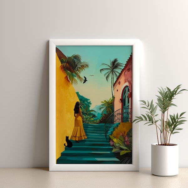 Tropical Dreamy Painting Woman and Cat Vibrant Landscape Soft and Charming Art Digital Download Home Decor For Art Lovers