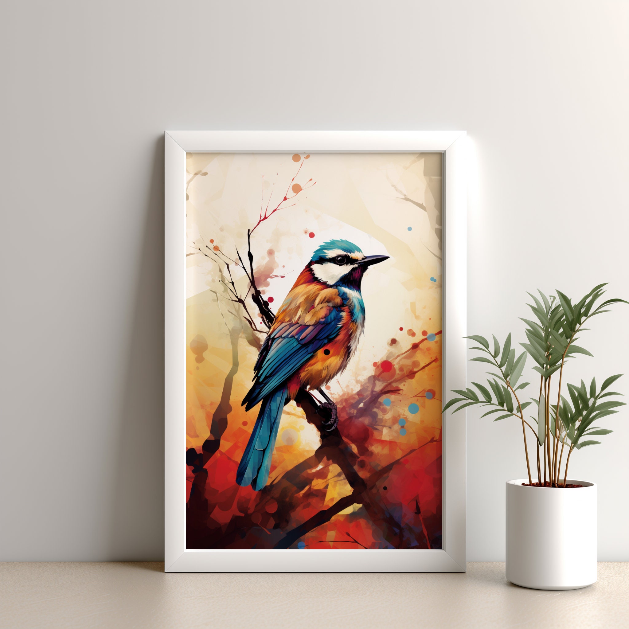 Printable Illustration of a Bird Sitting on a Branch, in the Style of ...