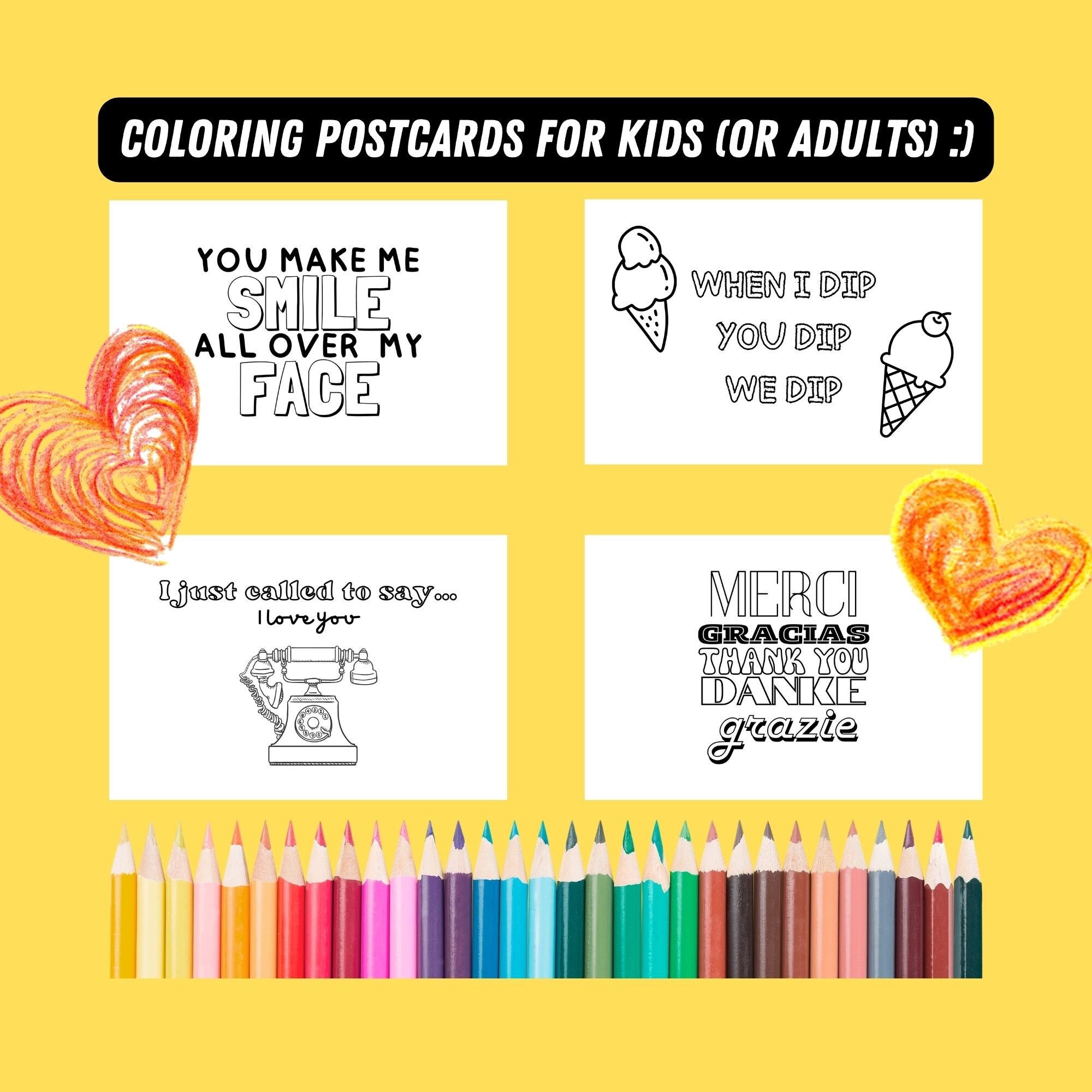 SET of 12 Coloring Postcards for Kids and Adults Thank You Cards Encouragement Cards Happy Mail Just because mail