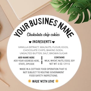 Editable Cottage Food Label, Printable Food Label, DIY Bakery Ingredient Label, Canva Template, Small Business Packaging Sticker