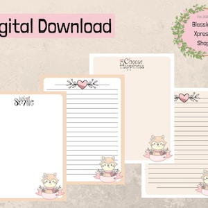 Printable stationery set US letter size PDF, Instant download stationery paper pack, Printable Lovely Day notes pages, smile and happiness