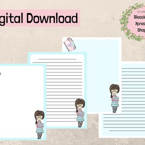 Printable stationery set US letter size PDF, Instant download stationery paper pack, Printable Teacher Girl notes pages, notebooks